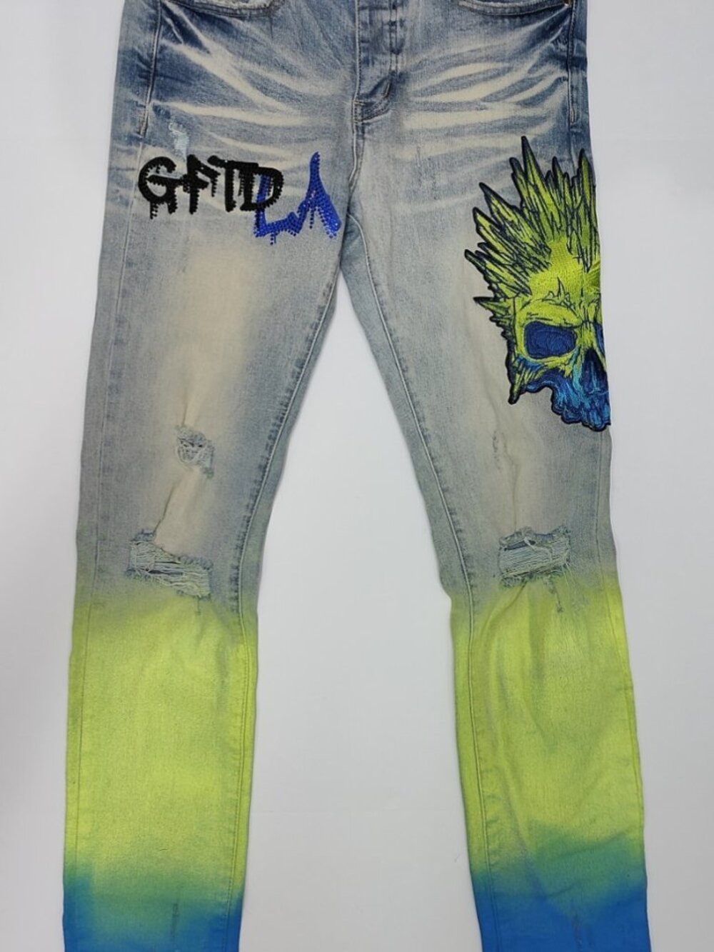 GFTD Los Angeles Men's Painted Embroidered Distressed Skinny Jeans Size 32 L33 5